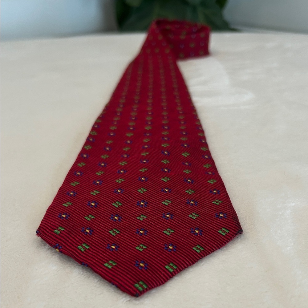 Ralph Lauren Red and Green Patterned Tie. Handmade in the USA.